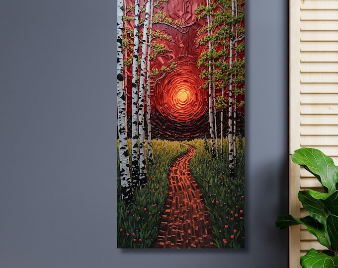 Long Narrow Canvas Wall Art Red Sunset Forest Path Canvas Wall Art – Abstract Nature Landscape Modern Decor