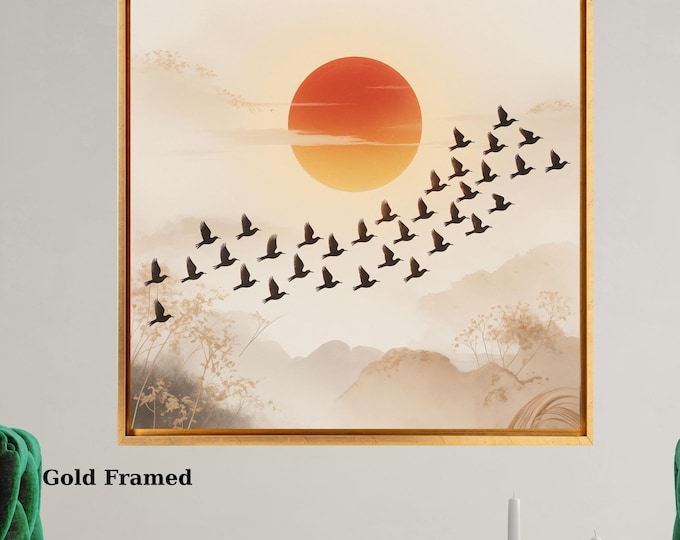 Sage Moon Japandi Canvas Wall Art, Flock of Birds Framed Print, Japanese Rising Sun Canvas, Square Oriental Wall Decor for Living Room gift