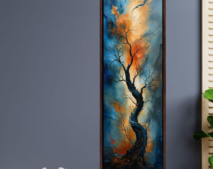 Long Narrow Canvas Wall Art Vertical Nature Print Tall Modern sun Tree or Mountain Wall Decor for Hallway,Entryway Small Space Styling Print