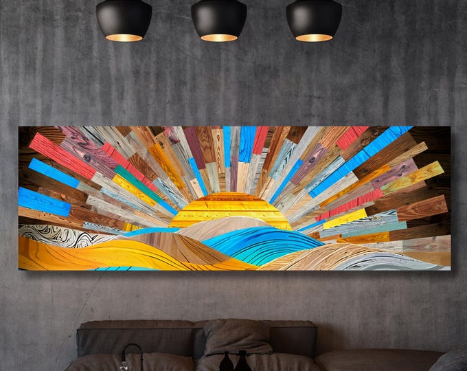 Boho Sunrise Canvas Wall Art – Wood Look Sun Print for Bedroom or Office – Natural Above Bed Decor – Earthy Bohemian Home Gift Print art