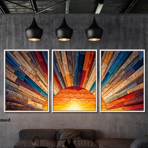 Set of 3 Sunrise Wood Wall Art Above Bed Decor Canvas Wooden Long Sunshine Bedroom Wall hanging setting sun rising sun Canvas Wall Art decor