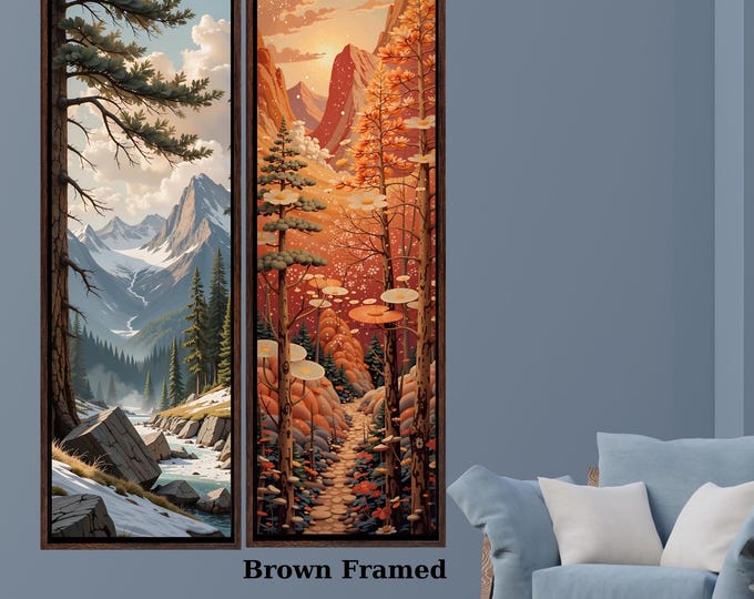 Set of 2 Tall Narrow Vintage Nature Canvas Wall Art  Long Vertical Forest Dining Room, Living Room, Office Print Long and Narrow Wall Art