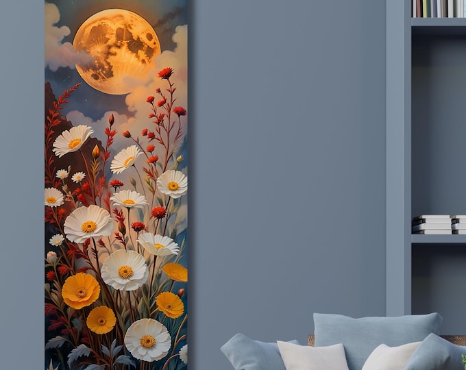 Klimt-Inspired Wildflower Canvas Art: Moonlit Forest, Rustic Mountain Decor
