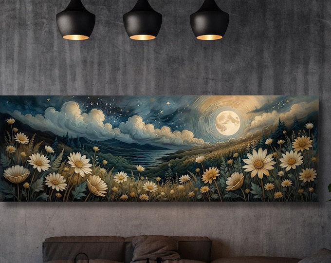 Full Moon Wildflower Canvas, Flower Garden Flower Market canvas, Moonlit Pine Tree Forest wall Art, Rustic Mountain Art, Woodland Klimt Gift