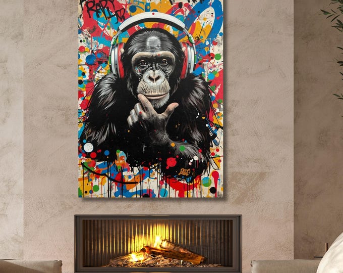 Banksy DJ Monkey Canvas Wall Art Cool Graffiti Style Chimp Print Street Art Decor for Music Lovers Game Room or Teen Bedroom Chimp Poster