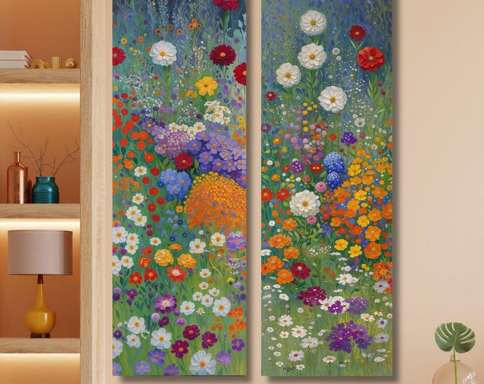 Set of 2 Panoramic Klimt Style Wildflower Garden Tall Narrow Canvas,Botanical Nature Wall Art, Rustic Floral Vertical Print Hallway art gift