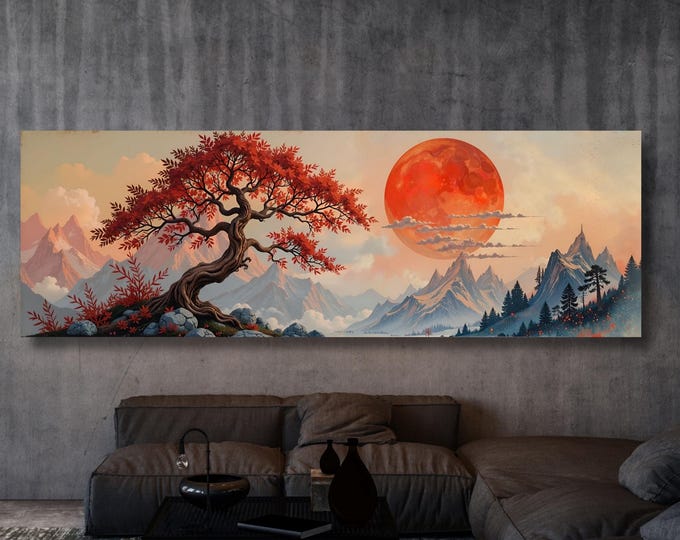 Panoramic Japanese Maple Tree at Sunset canvas Wall Art Tree Of Life Vintage Japanese Inspired Tree Sunset Print Canvas Art Retro Japanese
