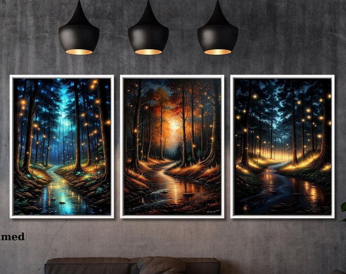 Set of 3 Firefly forest Night Canvas Wall Art Klimt style Firefly forest Canvas Wall Art Modern Living Room Gold Flowers Night Sky wall art