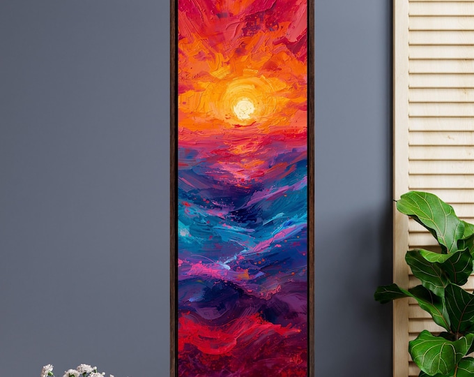 Panoramic Sunset Ocean wave Canvas Wall Art,Framed Canvas Japanese Style Mid Century Exhibition Long Narrow Print,Large Modern Living Room