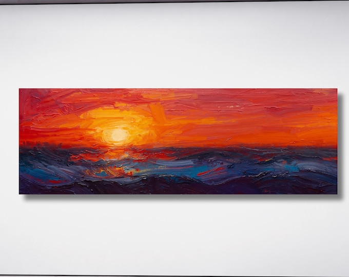 Panoramic Sun Landscape Canvas Wall Art,Framed Canvas Japanese Style Mid Century Exhibition Long Narrow Print,Large Modern Living Room Decor