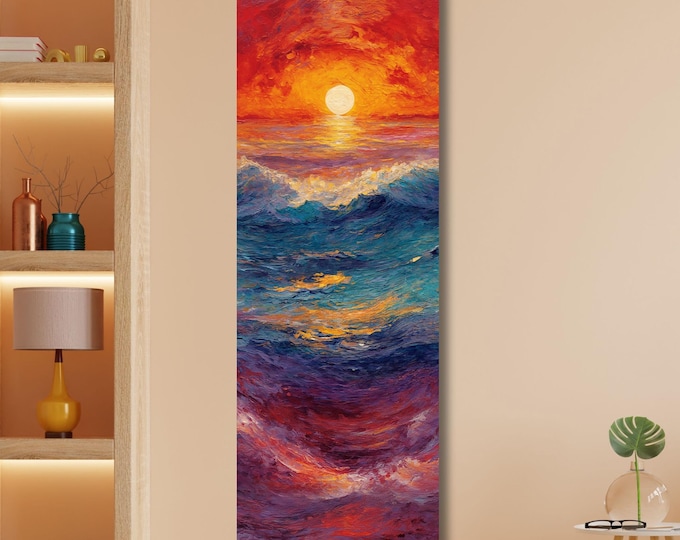 Panoramic Sunset Ocean wave Canvas Wall Art,Framed Canvas Japanese Style Mid Century Exhibition Long Narrow Print,Large Modern Living Room