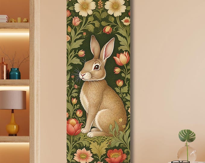 Whimsical Rabbit Canvas in William Morris Style – Long Narrow Wall Art – Vintage Animal Tapestry Print for Hallway, Nursery or Cottagecore