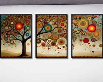 Set of 3 Tree Of Life Canvas Wall Art Klimt style Tree Of Life Boho Living room Wall Decor Maximalist, Nature Lover Stained Glass Effect