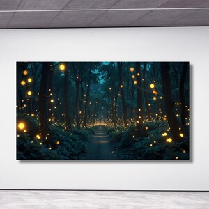 Twilight Forest Canvas Wall Art Enchanted Path Print with Glowing Fireflies Mystical Woodland Scene for Bedroom or Living Room Wall Decor