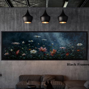 Night Moody Wild Flowers Canvas, Framed Canvas Print, Above Bed Art, Dark Floral Paintingt,Boho Minimal Panoramic Thought Provoking Wall Art
