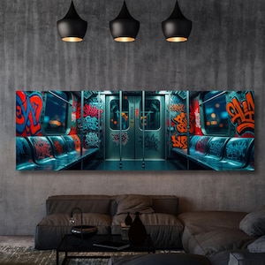 Panoramic Graffiti Subway Train Canvas Print, Urban Street Art Wall Decor, Industrial NYC Pop Art, Modern Graffiti Wall Art Canvas Banksy