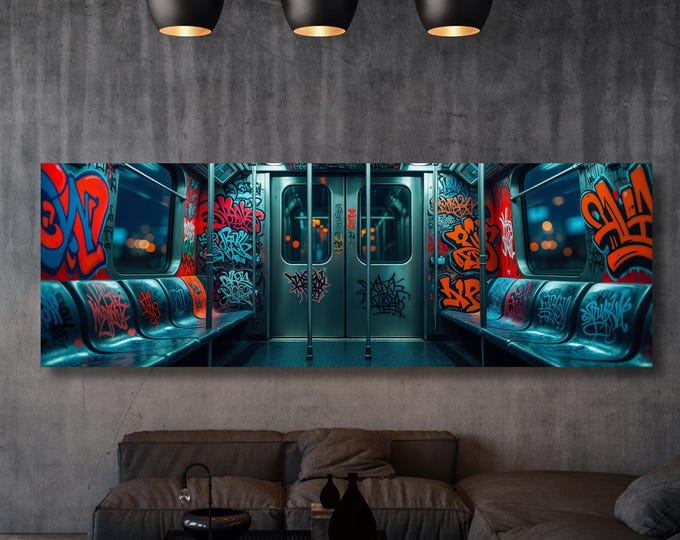 Panoramic Graffiti Subway Train Canvas Print, Urban Street Art Wall Decor, Industrial NYC Pop Art, Modern Graffiti Wall Art Canvas Banksy