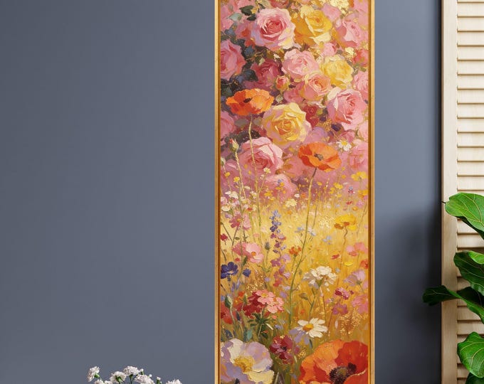 Klimt Style Sunflower Wildflower Garden Tall Narrow Canvas, Botanical Nature Wall Art, Rustic Floral Vertical Print for Hallway or Bedroom