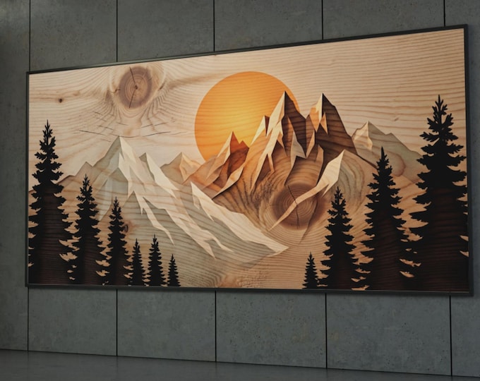 Panoramic Mountain Sunset Canvas Print Art, Rustic long Wood Grain Wall Decor, Large Nature Landscape Print