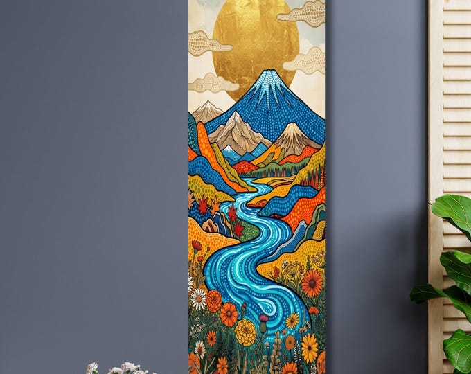 Long Narrow Japanese Mount Fuji Canvas Wall Art Gold Sun Mountain Landscape Canvas Print Vertical Panoramic Living Room Decor Poster Canvas