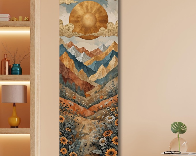 Long Panoramic Sun Landscape Canvas Wall Art, Framed Canvas Japanese Style Mid Century Exhibition Japandi Print,  Large Modern Living Room
