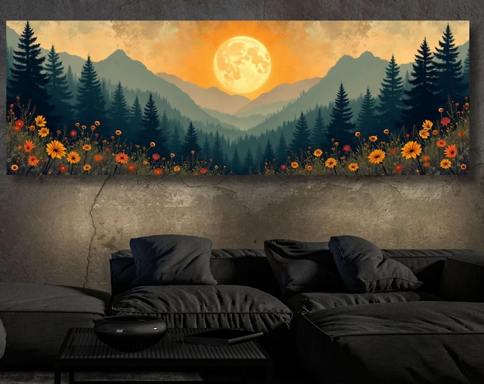 Night Moody Wild Flowers Canvas, Framed Canvas Print, Above Bed Art, Dark Floral Paintingt,Boho Minimal Panoramic Thought Provoking Wall Art