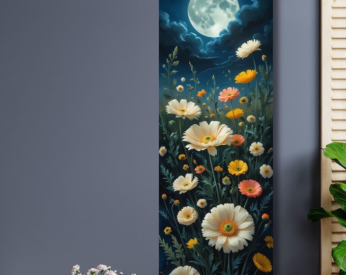 Klimt-Inspired Full Moon Wildflower Canvas Art: Rustic Mountain Decor