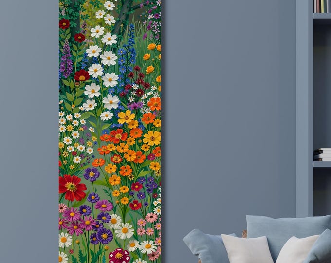 Klimt Style Wildflower Garden Tall Narrow Canvas, Botanical Nature Wall Art, Rustic Floral Vertical Print for Hallway or Bedroom art gift