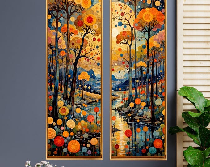 Set of 2 Tall Narrow Birch Wildflower Field Klimt Canvas – Long Vertical Forest Wall Art Decor