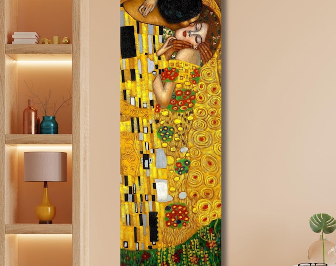 The Kiss by Gustav Klimt Canvas Wall Art, Long Narrow Famous Golden Lovers Painting Print, Classic Romantic Wall Decor, Art Nouveau Gift art