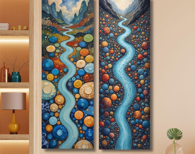 Set of 2 Long Narrow Wall Art,Smoky Mountains Painting, Spring Flowers Canvas, Landscape Wall Art Print, Nature Home Decor, Wall Hangings