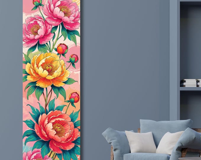Long Narrow Panoramic Summer Peony Canvas – Elegant Floral Wall Art for Bedroom or Hallway – Soft Pink Botanical Print for Home Decor art
