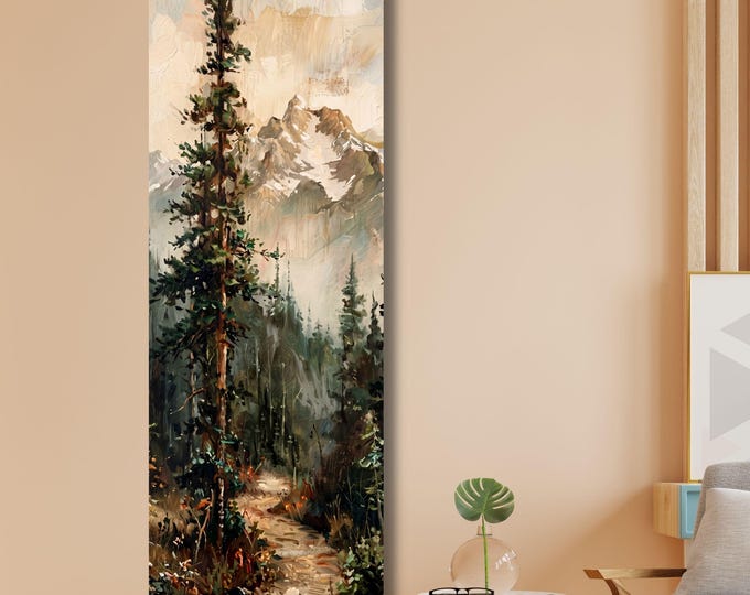Tall Pine Tree Lake Landscape Canvas Art, Vertical Moon Painting Print
