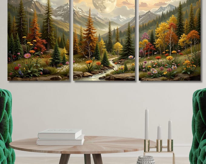 Set of 3 Flower Garden Flower Moon canvas, Moonlit Tree Forest wall Art,Full Moon Wildflower Print Gustav Klimt Night style Canvas Wall Art