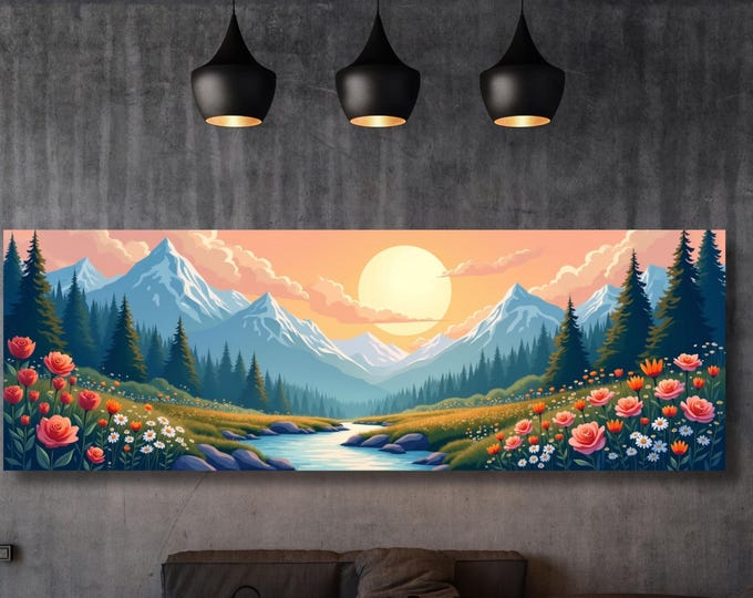 Full Moon Wildflower Canvas, Flower Garden Flower Market canvas, Moonlit Pine Tree Forest wall Art, Rustic Mountain Art, Woodland Klimt Gift