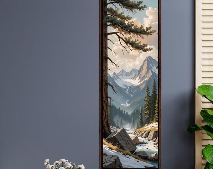 Long Narrow Canvas Wall Art Vertical Nature Print Tall Modern Tree or Mountain Wall Decor for Hallway, Entryway or Small Space Styling Print