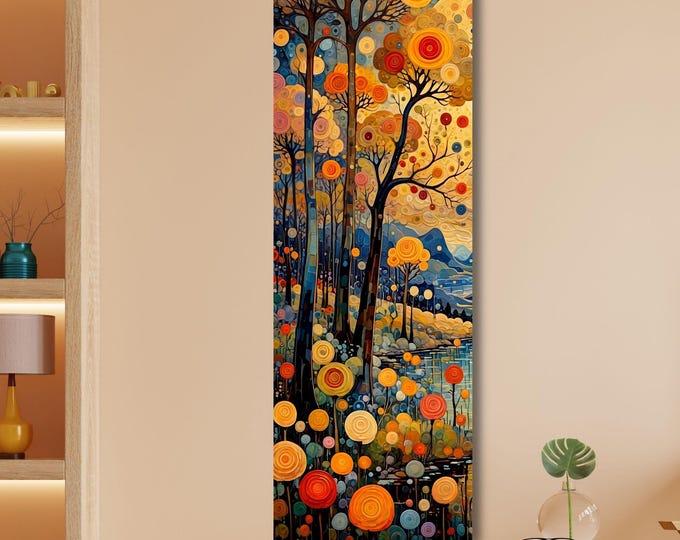Klimt Style Long Canvas Wall Art, Vertical Waterfall Landscape Painting, Impressionist Forest and Mountain Decor, Tall Narrow Canvas Print