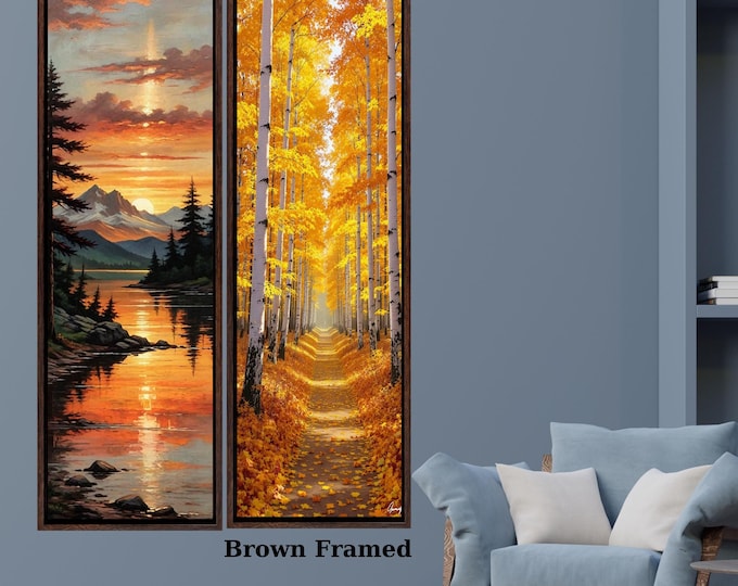 Set of 2 Tall Narrow Vintage Nature Canvas Wall Art  Long Vertical Forest Dining Room, Living Room, Office Print Long and Narrow Wall Art