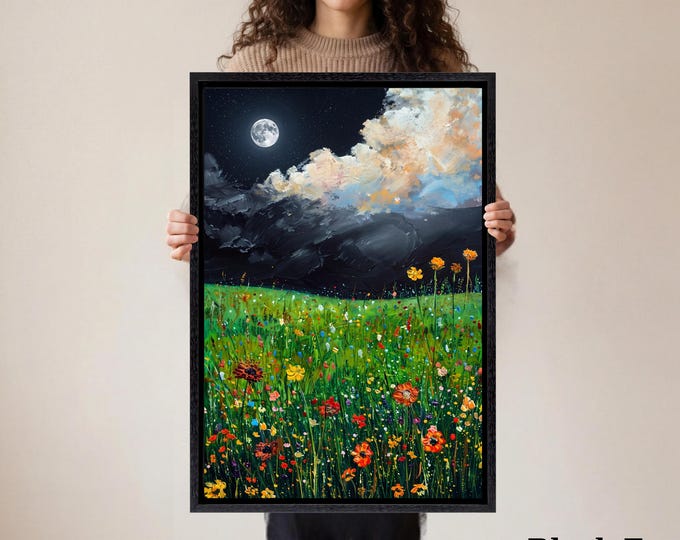 Wildflowers Field Canvas Wall Art, Abstract Night Sky Moon Decor, Vintage Floral Art, Rustic Farmhouse Living Room Canvas art