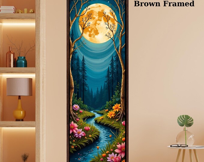 Gustav Klimt Style Magical Forest Canvas Wall Art with Full Moon Sky and River Dreamy Nature Print for Bedroom or Living Room Wall Decor