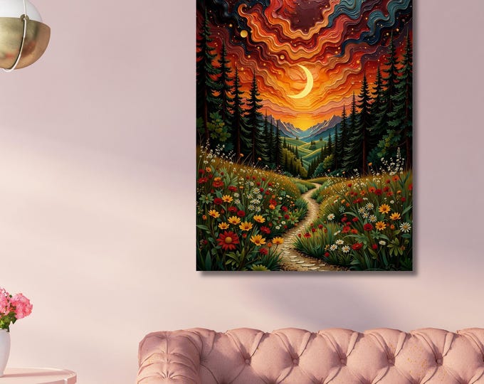 Night Crescent Wildflower Canvas Art, Klimt Inspired Botanical Moon Print, Dreamy Floral Wall Decor for Bedroom, Living Room Boho Art