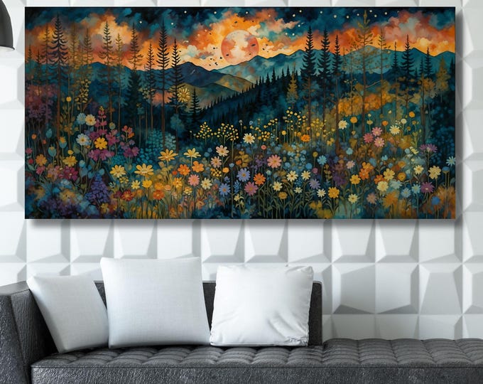 Full Moon Wildflower Canvas Art – Moonlit Forest and Pine Tree Print – Rustic Flower Garden Wall Decor – Klimt-Inspired Woodland Gift