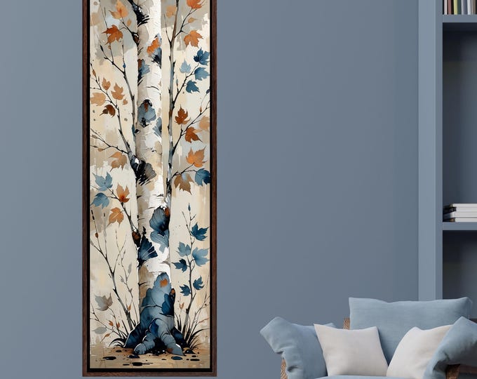 Long Narrow Canvas Wall Art Vertical Nature Print Tall Modern Poplar Tree or Mountain Wall Decor for Hallway, Small Space Styling Print