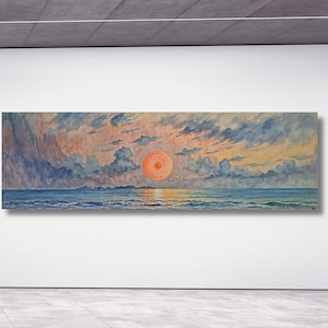 Panoramic Sunset over the Emerald Green Ocean Canvas Wall Art,Boho Wall Art Minimal Horizontal Wall Art Vintage Sunset Painting Sunset Print