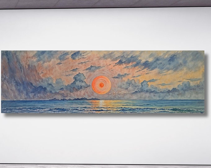 Panoramic Sunset over the Emerald Green Ocean Canvas Wall Art,Boho Wall Art Minimal Horizontal Wall Art Vintage Sunset Painting Sunset Print
