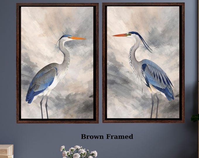 Set of 2 Blue Heron Canvas Prints: Expressionist Coastal Bird Painting (Ready to Hang)