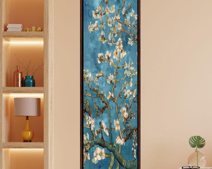 Long Narrow Canvas Wall Art Vertical Nature Print Tall Modern Vincent Van Gogh Almond Blossoms Style Canvas