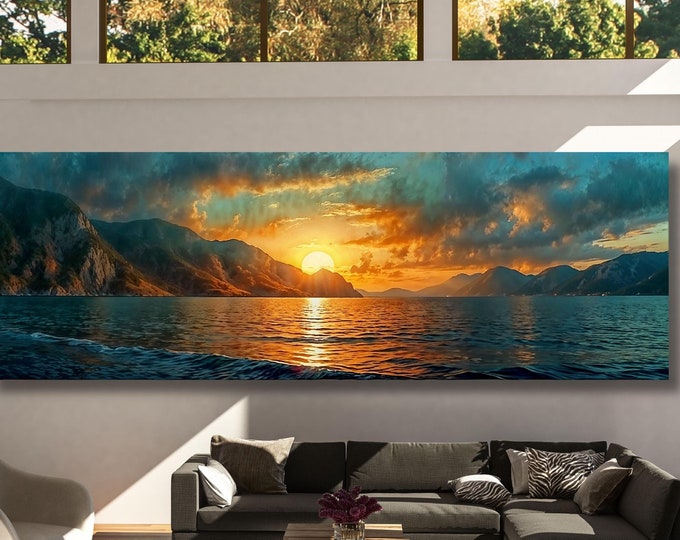 Panoramic Sunset over the Emerald Green Ocean Canvas Wall Art,Boho Wall Art Minimal Horizontal Wall Art Vintage Sunset Painting Sunset Print