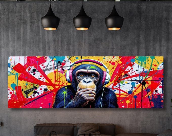 DJ Monkey Canvas Art | Graffiti Chimp Print, Music Lover Decor