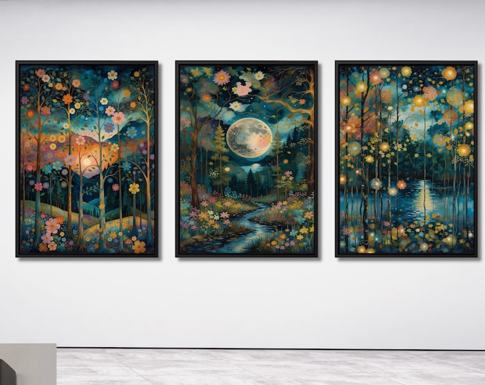 Set of 3 Gustav Klimt Night Canvas Wall Art Klimt style Klimt Moon Stars Canvas Wall Art Modern Living Room Gold Flowers Night Sky wall art